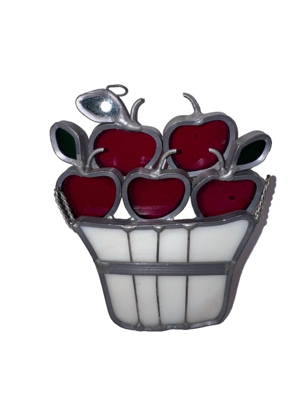 Vintage Suncatcher Stained Glass Red Apple Basket Bushel Farmhouse 4”